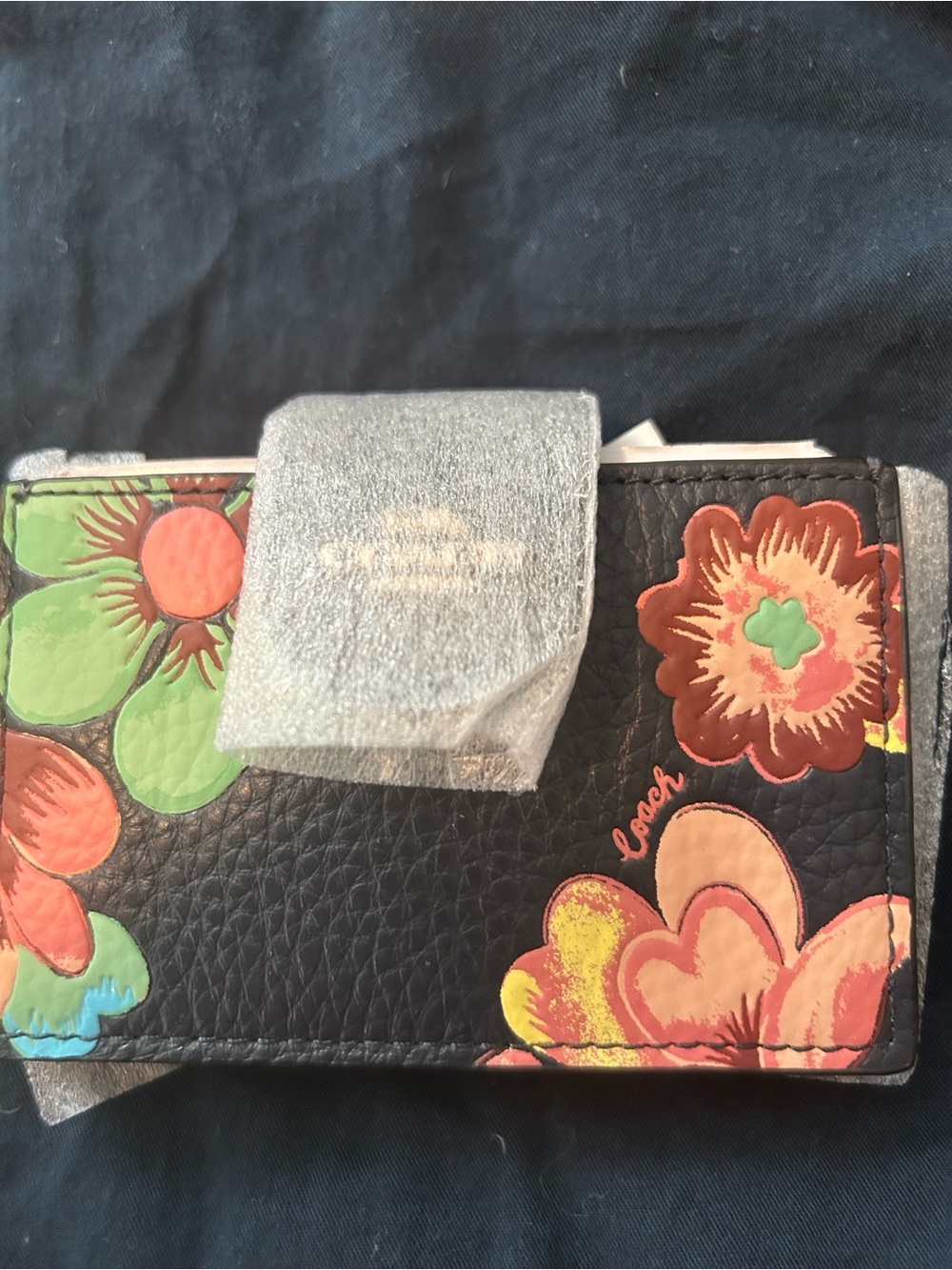 Coach Black Floral Leather Card accordion Wallet with Pink & Green Accents
